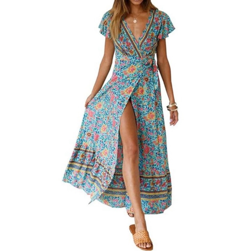PRETTY Boho Summer Wrap Deep V Neck Short Sleeves Maxi Dress w Belt XL
